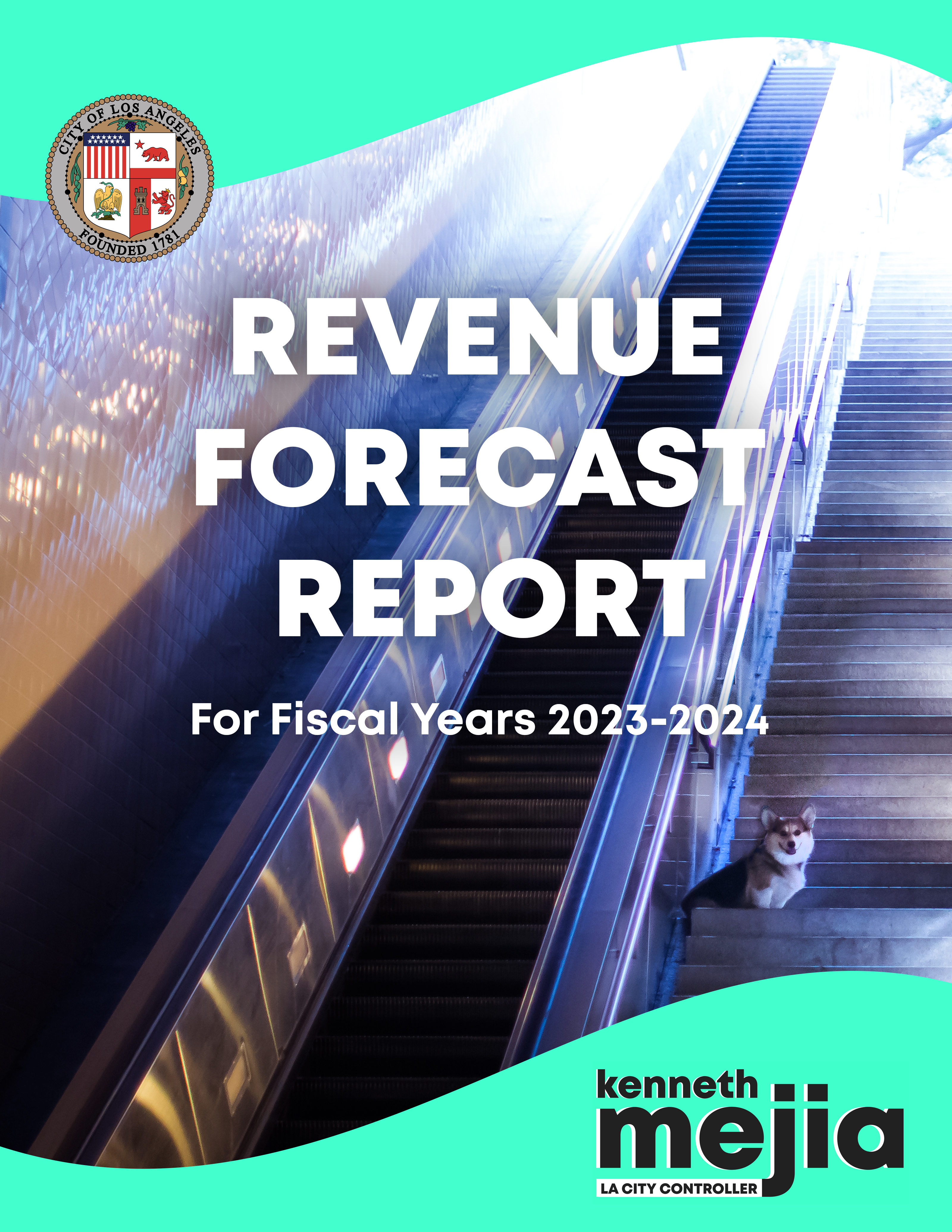 Cover photo Revenue Forecast Report, Background Subway Train Stairs with corgi